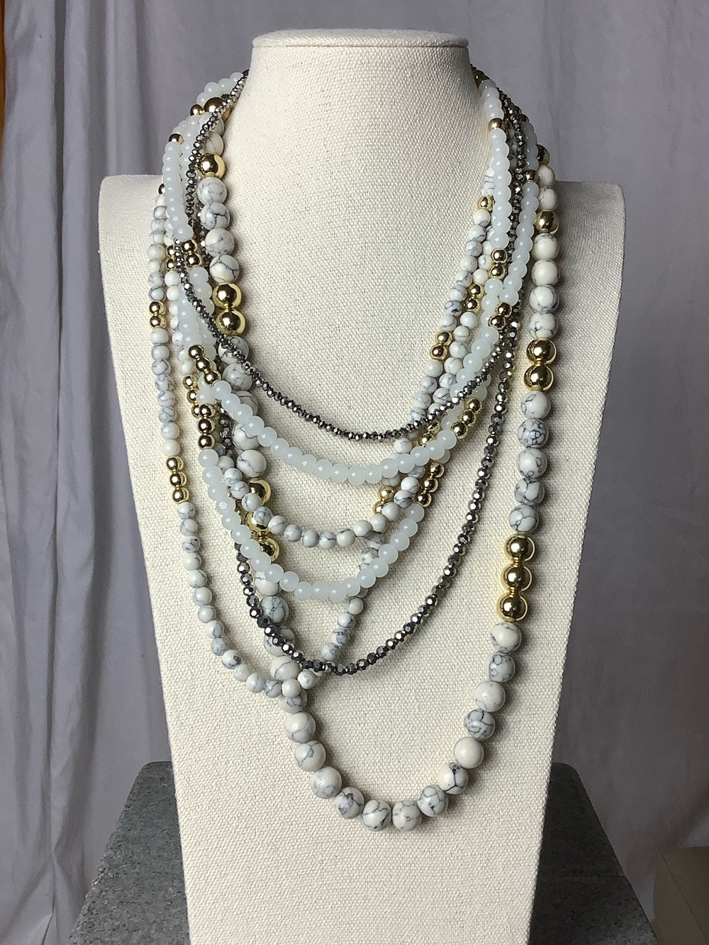 Layered White and Gold Beaded Statement Necklace